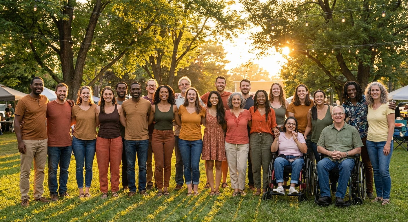 A diverse group of Roots of Giving volunteers and supporters posing together at sunset