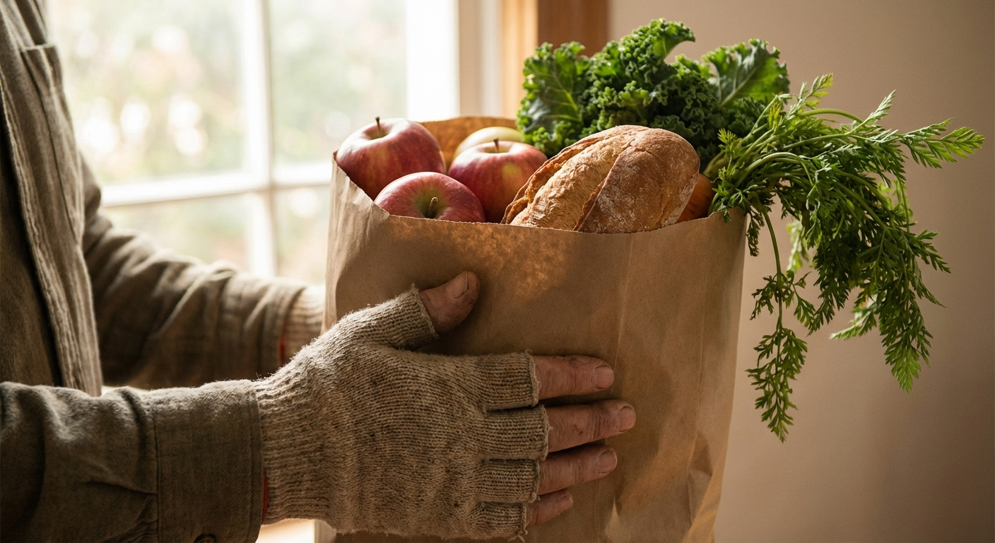 Hands holding a paper bag filled with fresh groceries including bread, apples, and vegetables