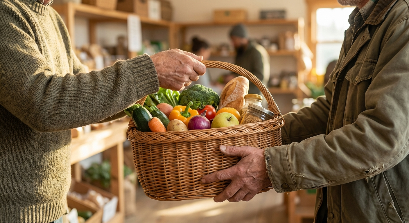 Hands passing a basket of fresh food to a neighbor