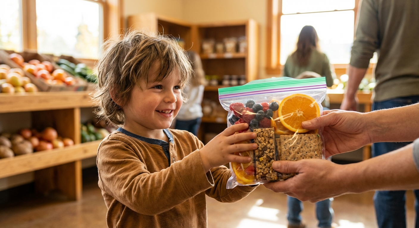 A smiling child receiving snack packs at the food pantry