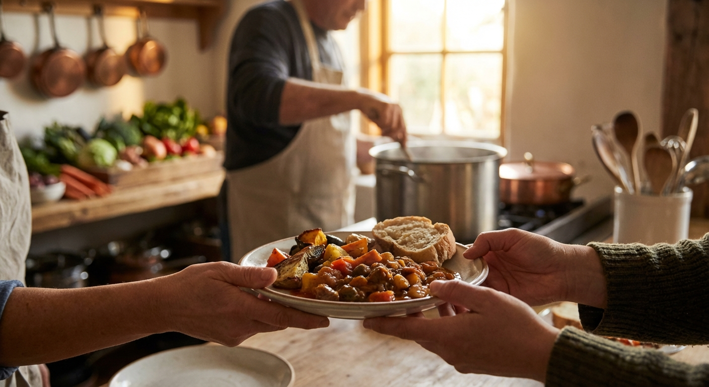 Preparing and sharing a warm meal in a community kitchen